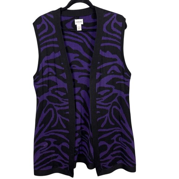 Chico's Silk Cardigan Sweater Open Front Sleeveless Black Purple Zebra SZ 2 (L) - Picture 2 of 7